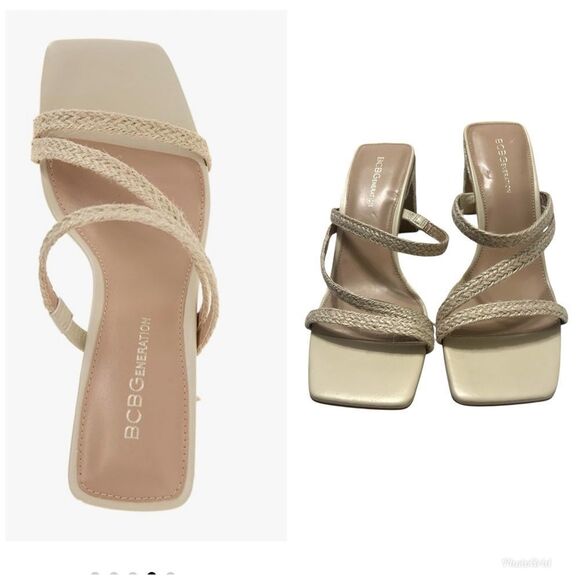 BCBGeneration Women's Fisher Heeled
Sandal 9.5  cream wicker straps square toe - Picture 1 of 10